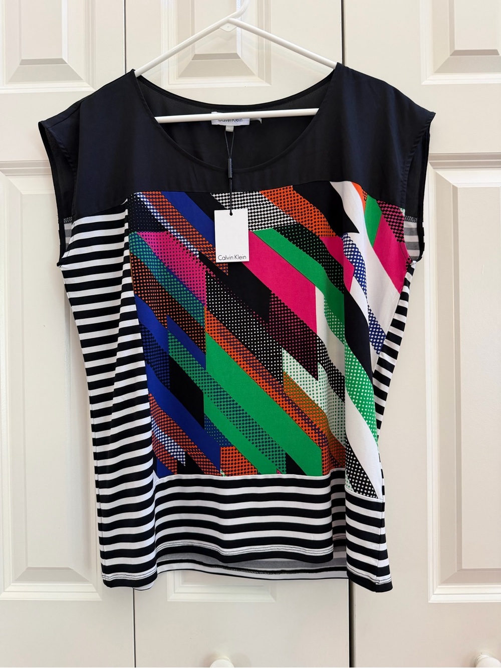 Calvin Klein Black Multicolor Geo-Print Cap Sleeve Top - Size XL NWT